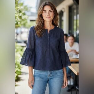 Isaac Mizrahi Embroidered Bell Sleeve Blouse 12 Navy Blue